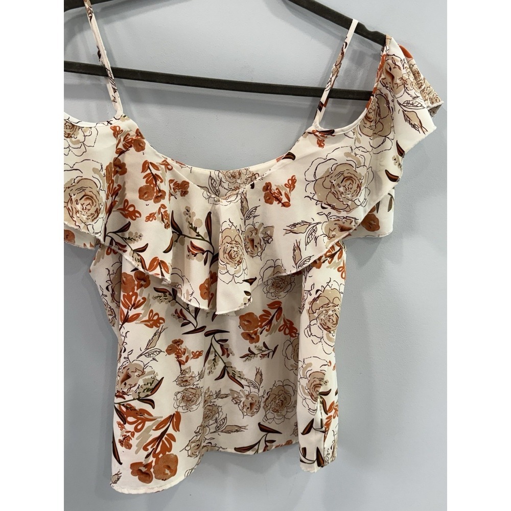 SHEIN Floral Off Shoulder Top Large Cream Peach Ruffle Boho Adjustable Straps